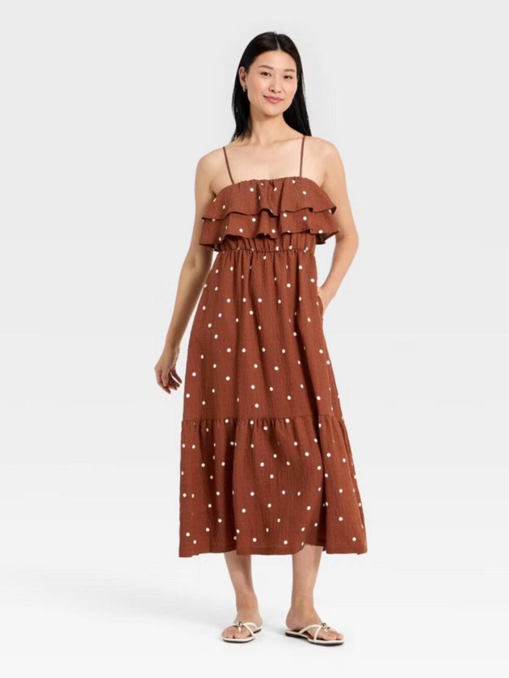 Women's Sleeveless Ruffle Maxi A-Line Dress - A New Day™ Brown Polka Dots L